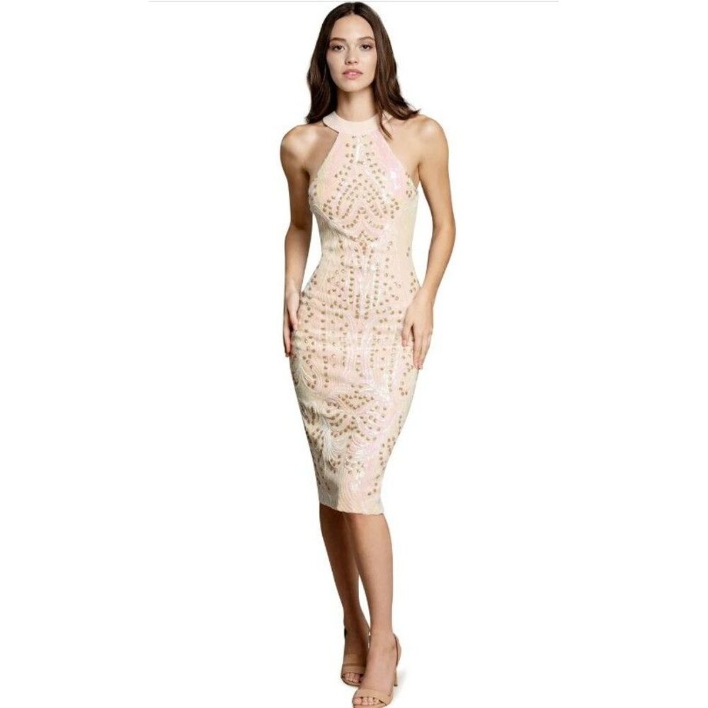 Dress the Population Pink Halter Bodycon Midi Dress